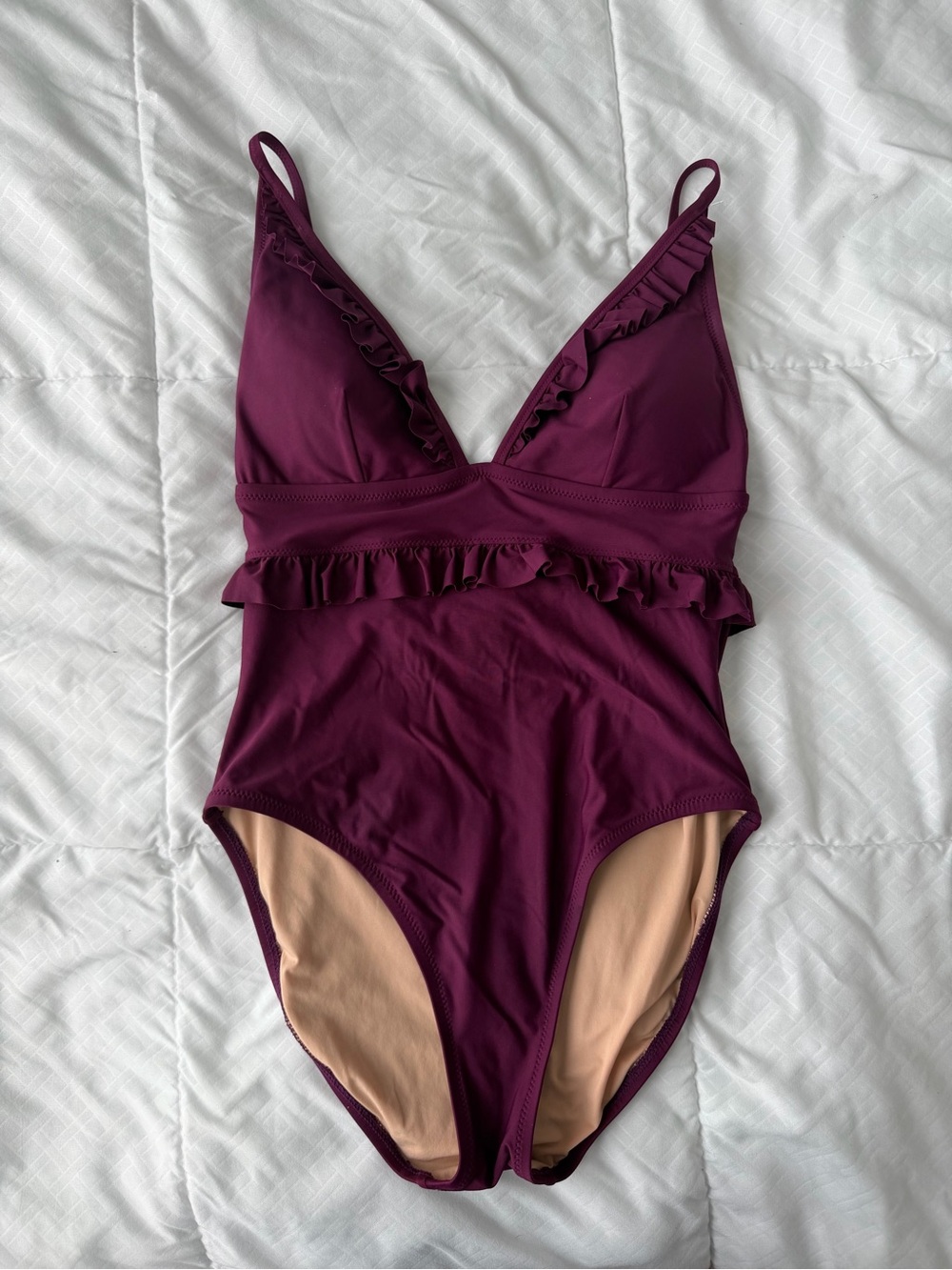 J. Crew Ruffle Deep V One Piece Swimsuit 8 Plum Purple Beach Summer Vacation
